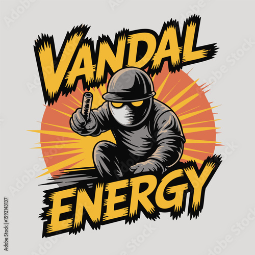 Vandal energy character with spray can and sunburst background spray paint