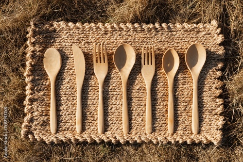 Wooden Cutlery Set Displayed on Natural Fiber Mat