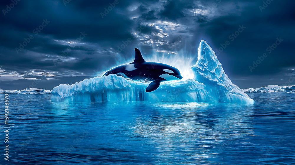 Fototapeta premium Orca leaping over a glowing iceberg in a dark blue ocean under dramatic skies