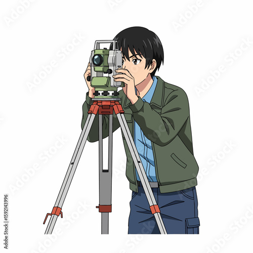 Young surveyor man working with theodolite on tripod at construction site