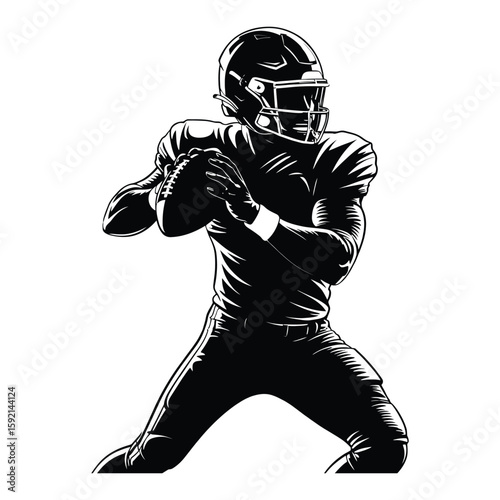 American football quarterback in throwing pose black and white sketch