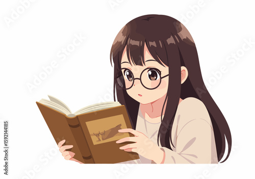 Cute Anime Girl with Glasses Reading a Book Illustration