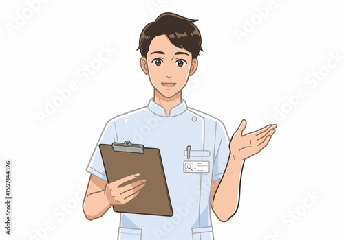 Friendly Male Nurse Holding Clipboard and Gesturing Welcomingly in a Medical Setting
