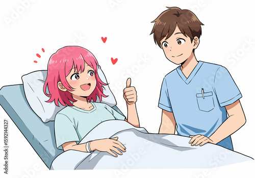 Nurse checks on happy young patient in hospital bed giving thumbs up