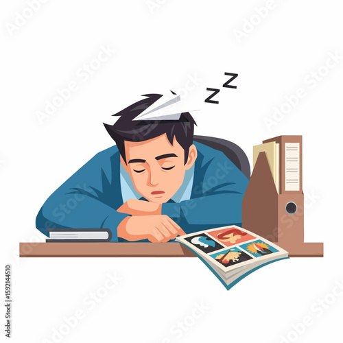 Tired office worker sleeps at desk with paper airplane on head