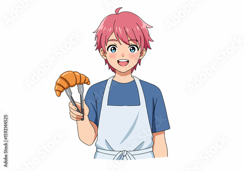 Joyful Baker Presents Fresh Croissant with Tongs in White Background