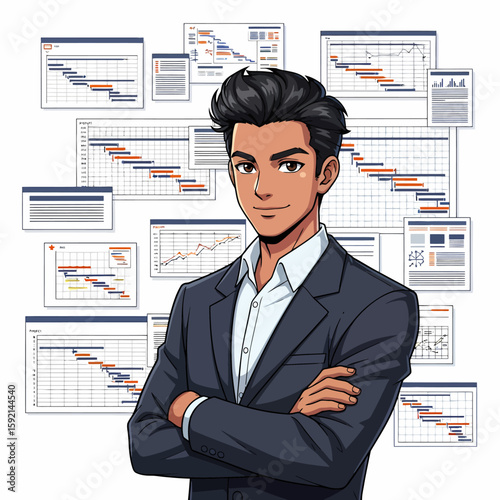 Young businessman with arms crossed in front of a wall of Gantt charts
