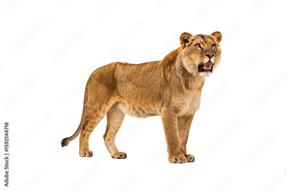 Obraz premium Adult lioness in profile stance with mouth open displaying fangs and golden brown coat, isolated on a transparent background