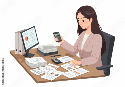 Young woman accountant working on financial reports with calculator and computer