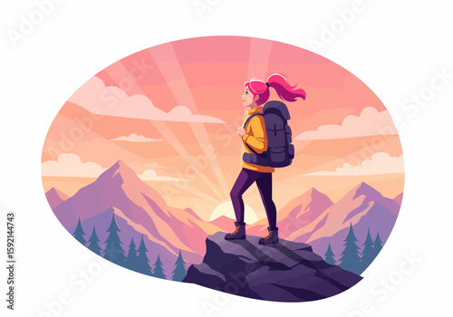Adventurous woman with backpack enjoying mountain sunrise view on a peak