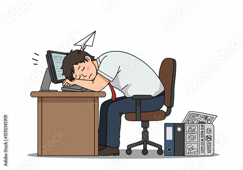 Exhausted businessman sleeps at his desk with a paper airplane stuck in his head