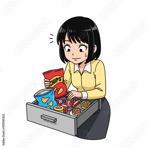 Woman Sneaking Snacks From Office Drawer Temptation Risky Treat Addiction