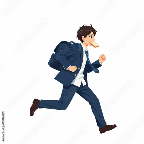 Young Japanese school boy in uniform running with backpack and sandwich