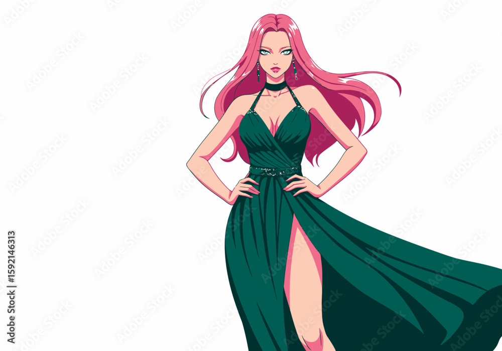 Elegant woman in a flowing green evening gown with a high slit poses confidently on a white background Elegant woman in a flowing green evening gown with a high slit poses confidently on a white background