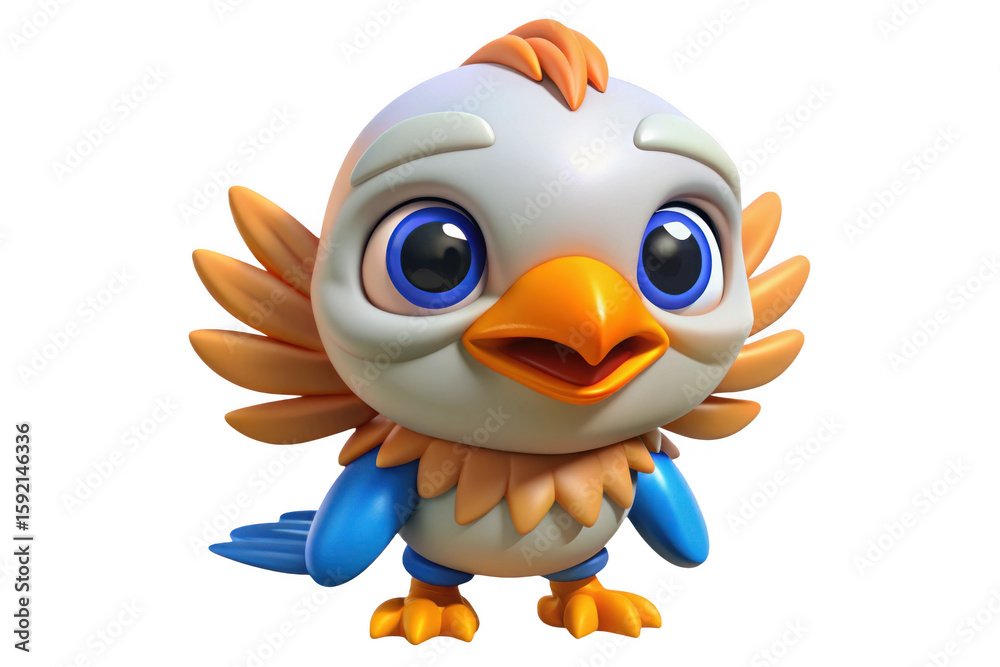 Fototapeta premium Cute cartoon baby eagle with big blue eyes and orange feathers isolated on transparent background