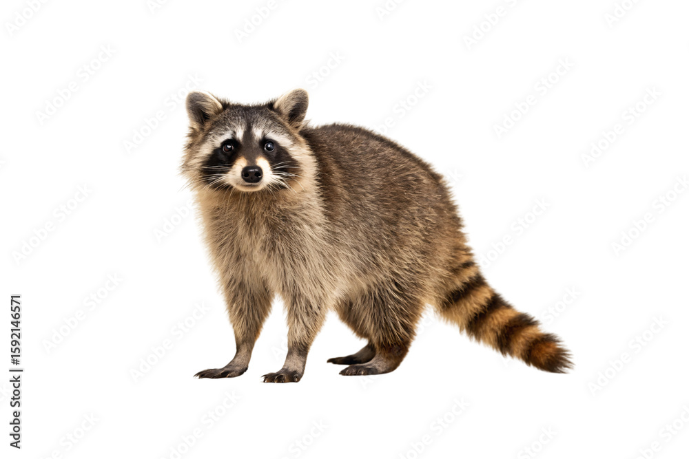 Fototapeta premium Raccoon in three-quarter view displaying characteristic black mask, striped tail, and gray-brown fur coat, isolated on a transparent background