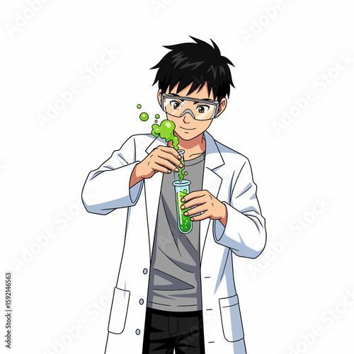 Young scientist in lab coat conducts chemistry experiment with bubbling green liquid in test tube