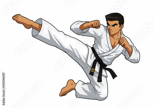 Martial Arts Fighter Performing Dynamic Kick in White Karate Gi Black Belt Action Pose
