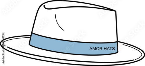 Classic Fedora Hat Flat Sketch Design with Blue Ribbon Band and "AMOR HATS" Branding, Stylish Headwear Accessory Template, Isolated on White Background.