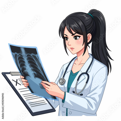 Young female doctor examining a chest X-ray image with stethoscope and clipboard