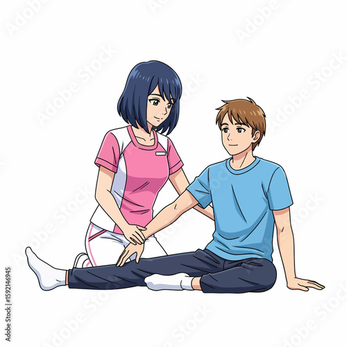 Physical therapist assisting patient with leg rehabilitation and stretching exercise