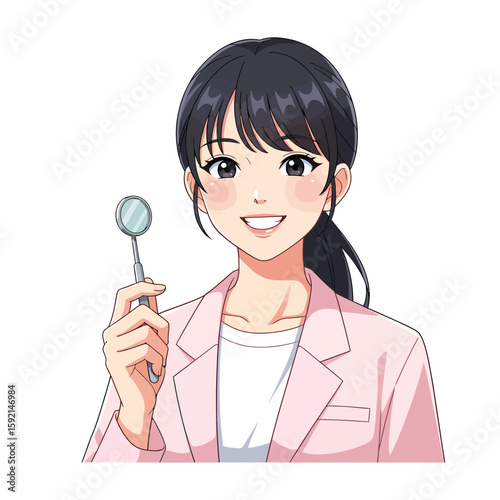 Smiling young Japanese woman dentist holding dental mirror and showing healthy teeth