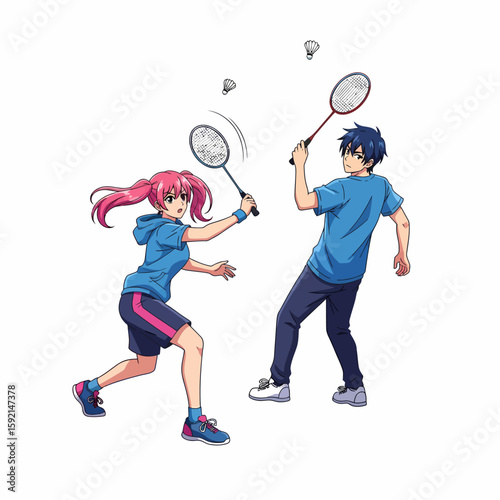 Young Couple Playing Badminton Outdoors Summer Sports Activity