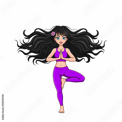 Serene Woman Practicing Vrikshasana Tree Pose Yoga in Violet Activewear