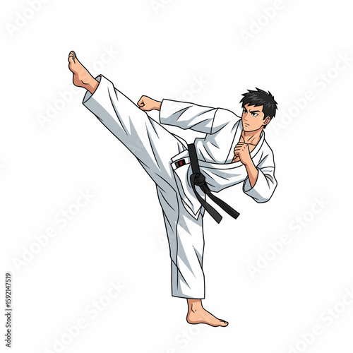 Martial Artist Performing a Powerful Side Kick in a White Karate Gi