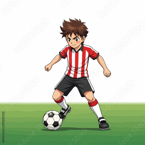Young Football Player Dribbling Ball on Grass Field Anime Style