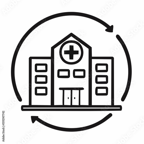 Vector illustration of a hospital building with a pointer circle