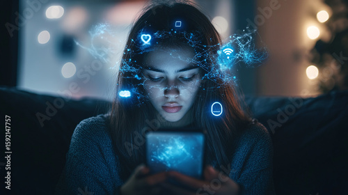 A teenager scrolling on their phone, merged with cyberbullying messages and mental health icons.
