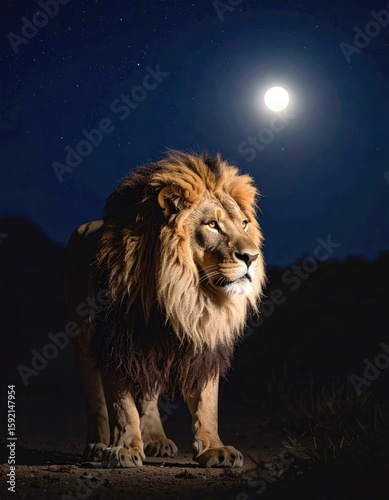 Majestic lion under a full moon