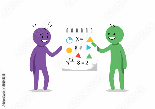 Two stick figures learning mathematics and geometry concepts together on a whiteboard with equations