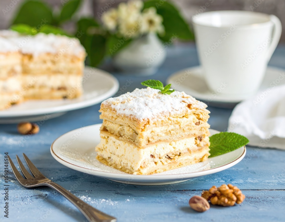 Layers of creamy dessert, topped with powdered sugar Layers of creamy dessert, topped with powdered sugar