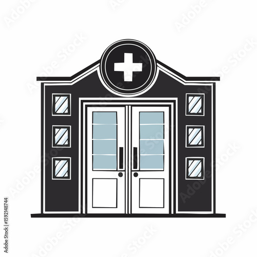 Black and white vector illustration of a vintage house with wooden doors and windows