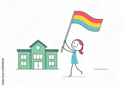 Stick Figure Student Waving Pansexual Flag Outside School Building