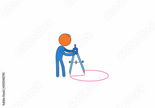 Orange head man with blue body drawing a circle with a compass tool on a white background