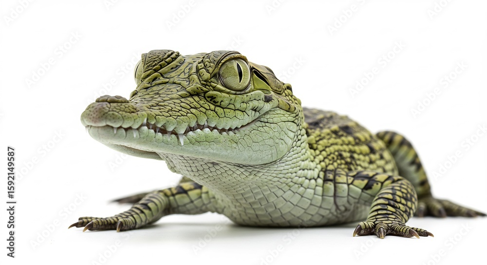 Obraz premium 可愛いワニの赤ちゃん 白背景 鮮やか緑色 穏やか表情. AI Generated