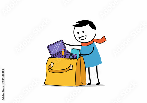 Happy stick figure packing a yellow bag with laptop and stationery for school or work
