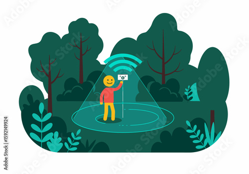 Man using mobile hotspot device in a park with signal waves