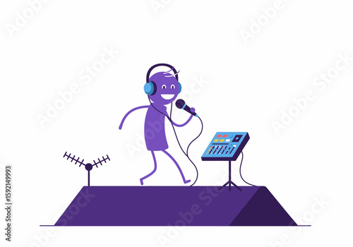 Happy character with headphones and microphone performing on stage with audio mixer and antenna