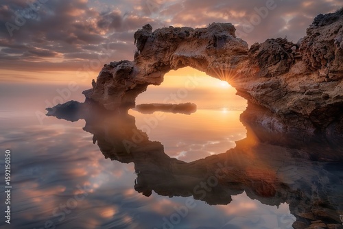 At dawn, a rock arch in fog with water reflected in it, Generative AI.