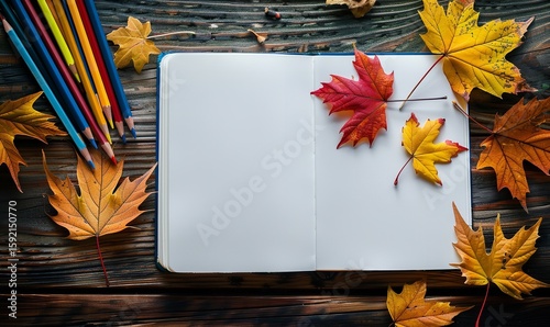 Autumn leaves and colored pencils in an open sketchbook on a wooden table, Generative AI.