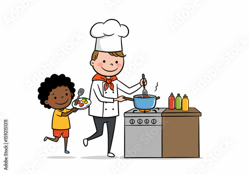 Happy father and son cooking together in the kitchen preparing a delicious meal with fresh ingredients a fun family activity