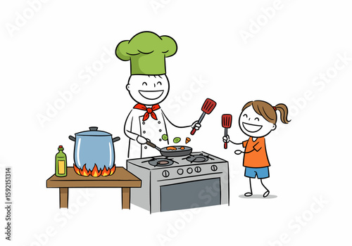 Happy chef and child cooking together in a kitchen with food on the stove