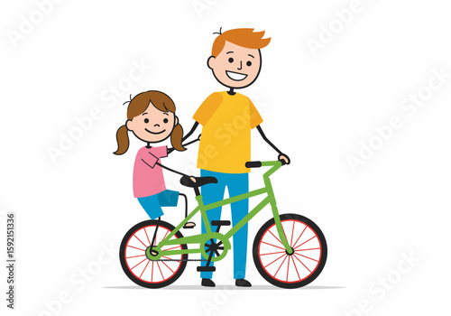 Father and daughter enjoying a happy bike ride together on a sunny day outdoors