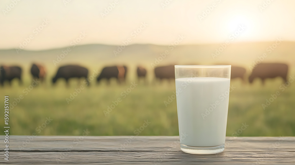 Fresh milk on rustic wood with grazing cattle in the background, capturing a peaceful, rural, and healthy lifestyle. Natural, refreshing drink. Fresh milk on rustic wood with grazing cattle in the background, capturing a peaceful, rural, and healthy lifestyle. Natural, refreshing drink.