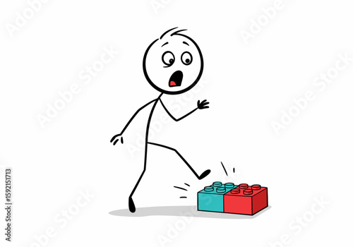 Shocked Stick Figure Stepping on Building Blocks Painful Surprise