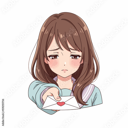 Young Japanese Girl Offering Envelope with Heart Symbol Sad Expression